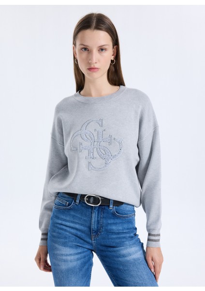 Yuvarlak Yaka Standart Baskılı Gri Kazak Kadın Sylvie Kadın Triko modelleri