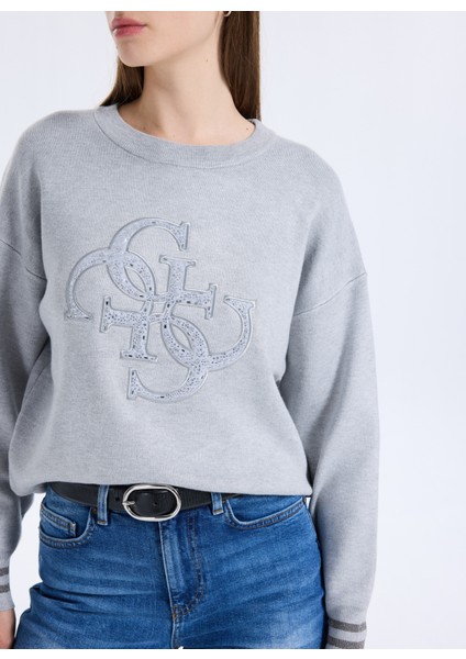 Yuvarlak Yaka Standart Baskılı Gri Kazak Kadın Sylvie Kadın Triko fırsatları