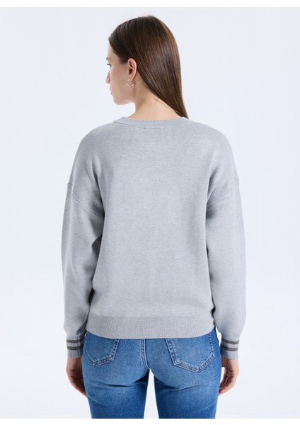 Yuvarlak Yaka Standart Baskılı Gri Kazak Kadın Sylvie Kadın Triko indirimleri