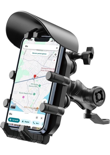Ayna Bağlantılı Güneş ve Yağmur Korumalı 360° Derece Ayarlanabilir Motosiklet Telefon Tutucu ( Lisinya )