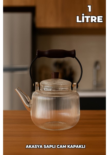 Akasya Kapaklı ve Üstten Saplı Yuvarlak Cam Demlik - Isıya Dayanıklı - Cam Demlikli - Cam Kapaklı