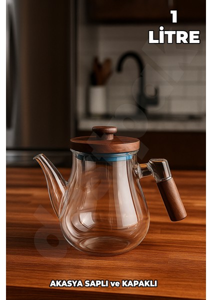 Akasya Kapaklı ve Saplı Yuvarlak Cam Demlik - Isıya Dayanıklı - Cam Demlikli - Akasya Kapaklı