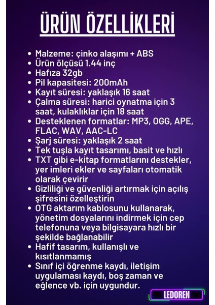 Jnn M30 1,44 Inç Hd Ekran Ses Kayıt Gürültü Azaltma Kontrolü Mp3, E-Kitap Oynatıcı, Fm Radyo