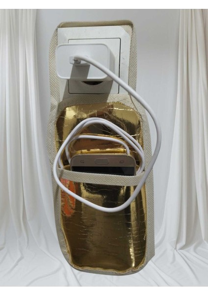 Altın Sarısı Suni Deri Askılı Priz Üstü Telefon Tutucu , Bez Poşeti Telefon Için