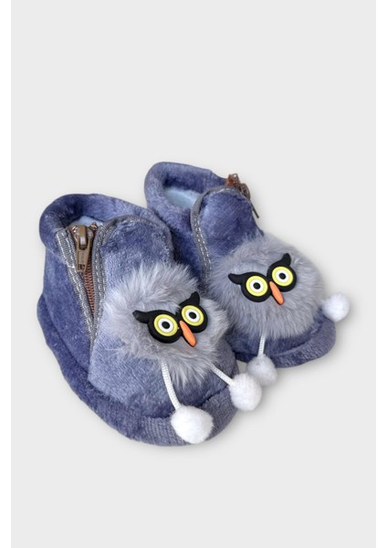 Çocuk Sevimli Baykuş Figürlü Panduf Füme