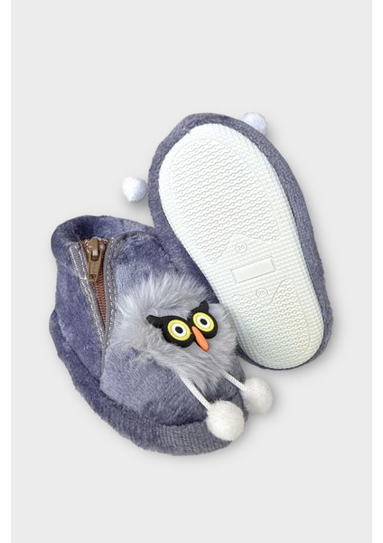 Çocuk Sevimli Baykuş Figürlü Panduf Füme