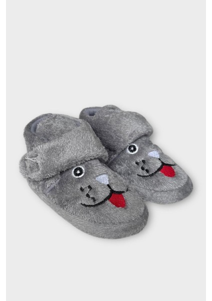 Çocuk Cırtlı Kaydırmaz Taban Anaokulu Kreş Ev Ayakkabısı Panduf Gri