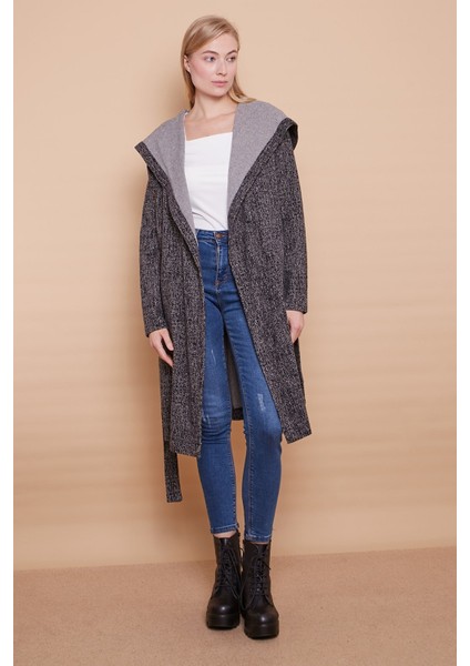 Kışlık Yün Jakarlı Kapşonlu Uzun Kol Anvelop Kruvaze Bağcıklı Hırka Kaban -Siyah Diyogonel