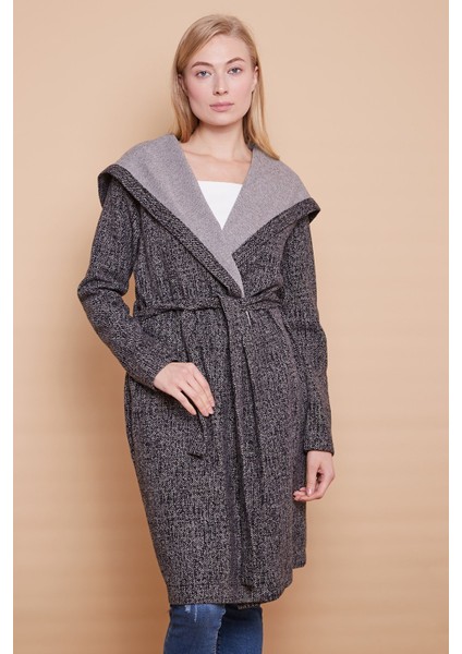 Kışlık Yün Jakarlı Kapşonlu Uzun Kol Anvelop Kruvaze Bağcıklı Hırka Kaban -Siyah Diyogonel