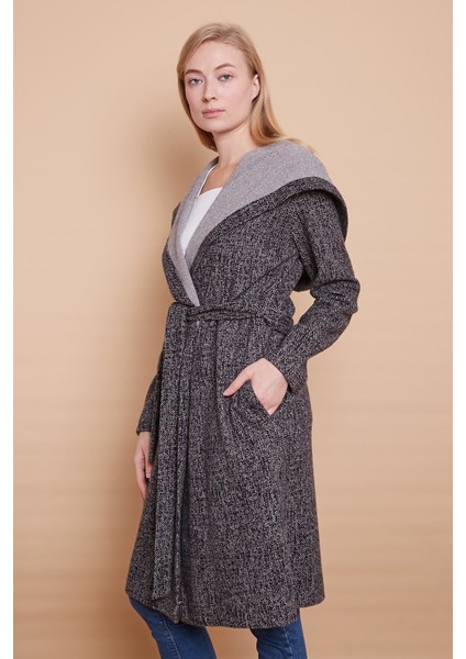 Kışlık Yün Jakarlı Kapşonlu Uzun Kol Anvelop Kruvaze Bağcıklı Hırka Kaban -Siyah Diyogonel