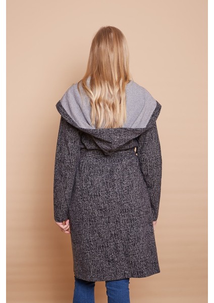 Kışlık Yün Jakarlı Kapşonlu Uzun Kol Anvelop Kruvaze Bağcıklı Hırka Kaban -Siyah Diyogonel