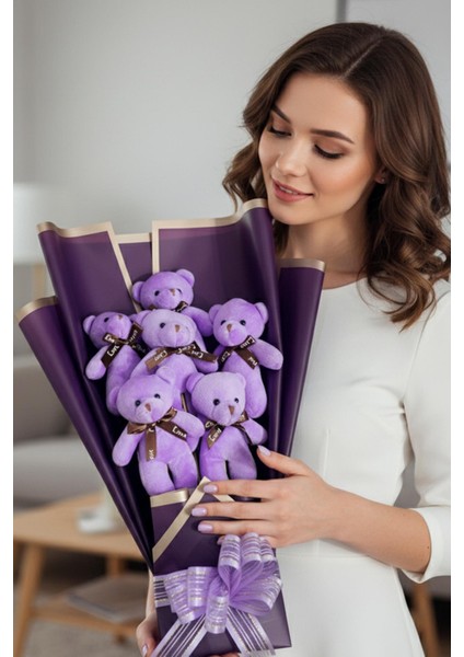 Premium 6 Yumoş Mor Peluş Ayıcık Buketi- Doğum Günü, Özel Gün - Eşe, Sevgiliye Hediye