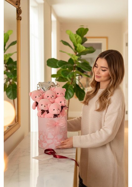 Premium Silindir Pembe Kalpli Kutusunda, Kalpli Balonlu 6’lı Pembe Ayıcık Buketi fiyatları