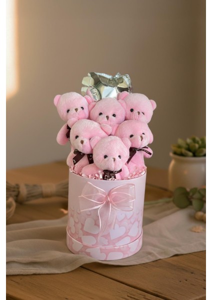 Premium Silindir Pembe Kalpli Kutusunda, Kalpli Balonlu 6’lı Pembe Ayıcık Buketi fırsatları