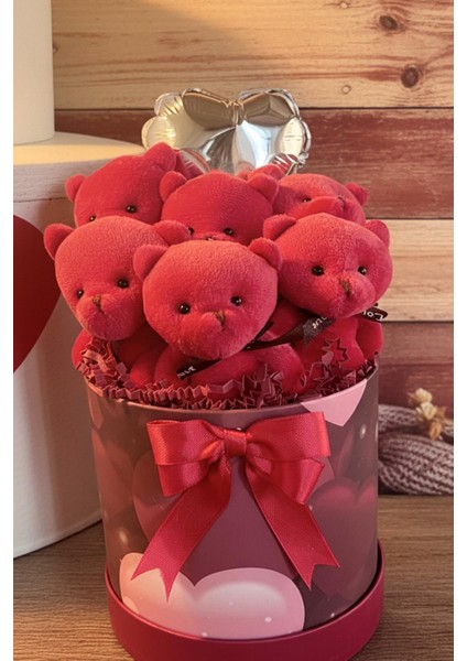 Premium Özel Kalpli Silindir Kutusunda, Kalpli Balonlu LED Işıklı 6’lı Kırmızı Ayıcık Buketi fiyatları