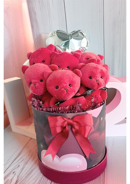 Premium Özel Kalpli Silindir Kutusunda, Kalpli Balonlu LED Işıklı 6’lı Kırmızı Ayıcık Buketi fırsatları