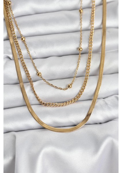 Bfs 316L Çelik Gold Renk 3'lü Kadın Kolye
