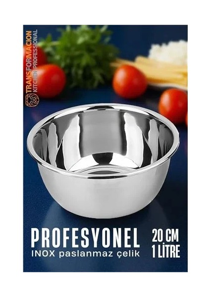 Inox Kase - 20 cm 1 Litre Karıştırma Kabı Profesyonel 304 Paslanmaz Çelik