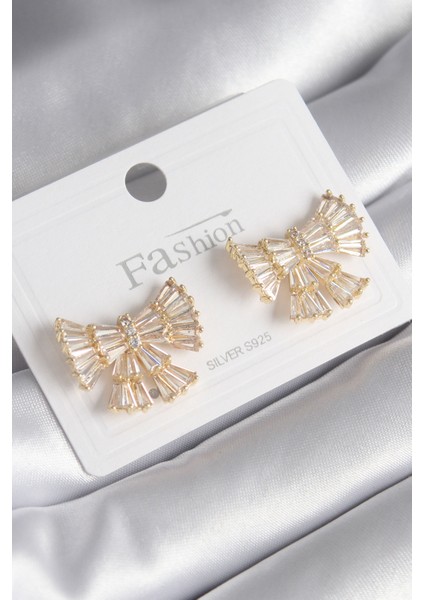 Pirinç Gold Renk Zirkon Taşlı Kurdele Model Kadın Küpe - Lisinya
