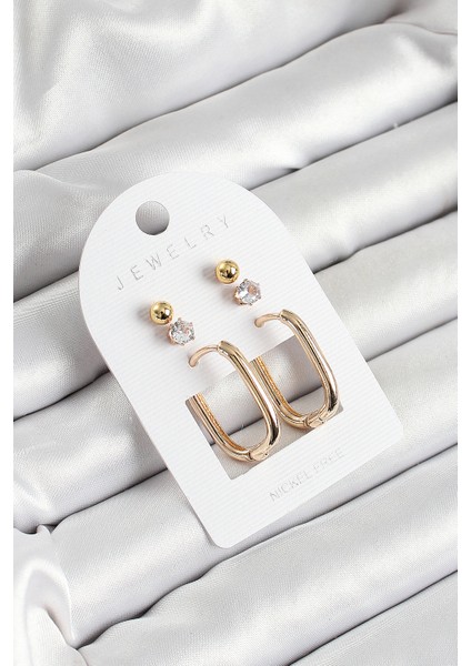 Pirinç Zirkon Taş ve Dikdörtgen Figürlü Gold Renk 3'lü Çift Kadın Küpe Set - Lisinya