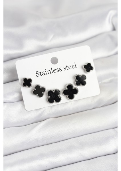 316L Çelik Gümüş Siyah Renk 3 Boy Yonca Küpe Seti - Lisinya