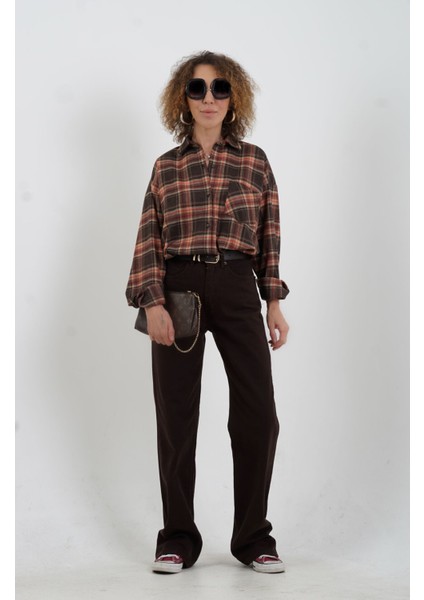 Kahve Yüksek Bel Straight Denim Pantolon