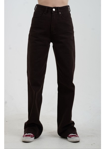 Kahve Yüksek Bel Straight Denim Pantolon modelleri