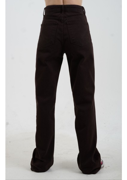 Kahve Yüksek Bel Straight Denim Pantolon fırsatları
