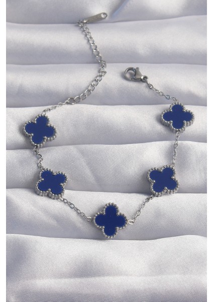 316L Çelik Gümüş Renk Mavi Mineli Yonca Bileklik - Lisinya