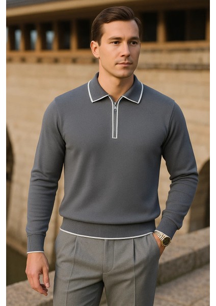 Erkek Çizgili Trend Uzun Kollu Füme Polo Yaka Kazak