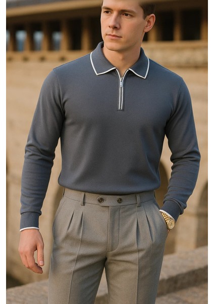 Erkek Çizgili Trend Uzun Kollu Füme Polo Yaka Kazak fiyatları