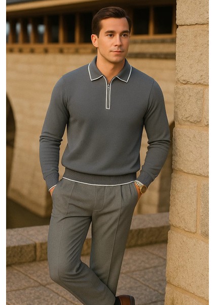 Erkek Çizgili Trend Uzun Kollu Füme Polo Yaka Kazak modelleri