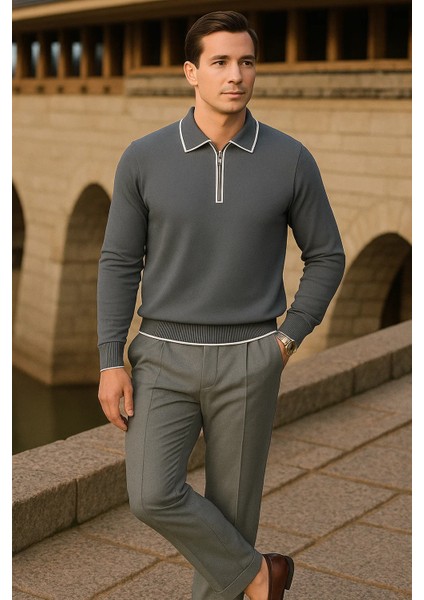 Erkek Çizgili Trend Uzun Kollu Füme Polo Yaka Kazak fırsatları