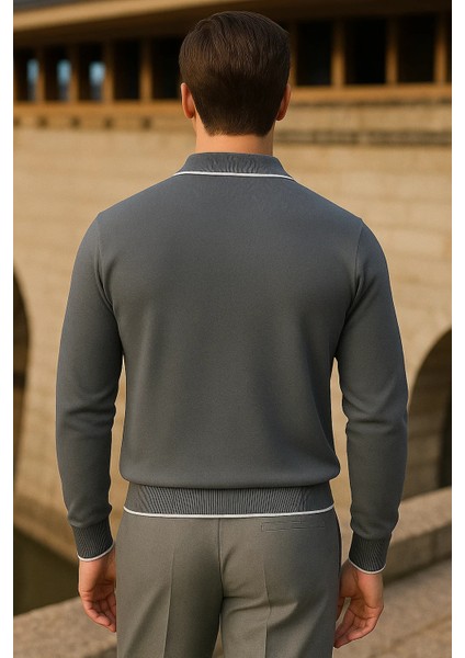 Erkek Çizgili Trend Uzun Kollu Füme Polo Yaka Kazak indirimleri