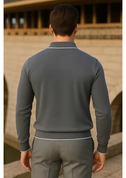 Erkek Çizgili Trend Uzun Kollu Füme Polo Yaka Kazak