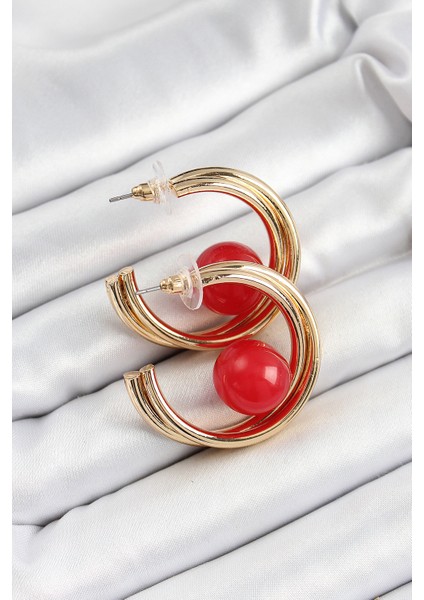 Pirinç Gold Renk Halka Model Kırmızı Boncuk Detay Kadın Küpe - Lisinya