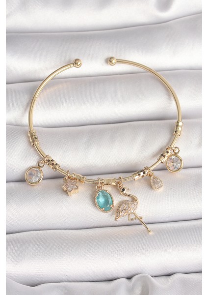 Pirinç Gold Renk Zirkon Taşlı Sallantı Filamingo Figür Charm Kadın Bileklik - Lisinya