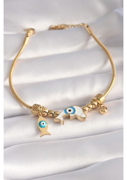 316L Çelik Gold Renk Balık Figür Nazar Boncuk Işleme Kadın Bileklik - Lisinya