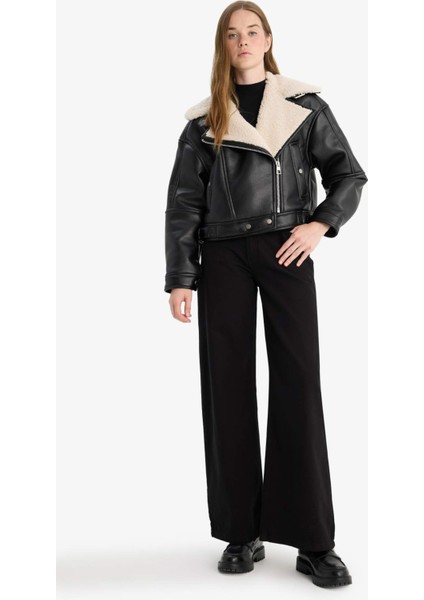 Oversize Geniş Kalıp Suni Kürk Astarlı Fermuarlı Suni Deri Ceket Mont F1826AX25WN fiyatları