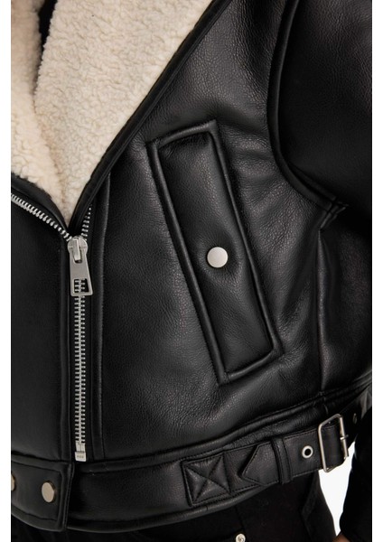 Oversize Geniş Kalıp Suni Kürk Astarlı Fermuarlı Suni Deri Ceket Mont F1826AX25WN