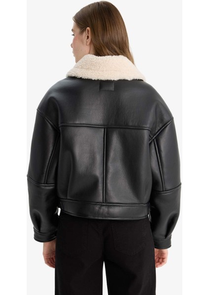 Oversize Geniş Kalıp Suni Kürk Astarlı Fermuarlı Suni Deri Ceket Mont F1826AX25WN