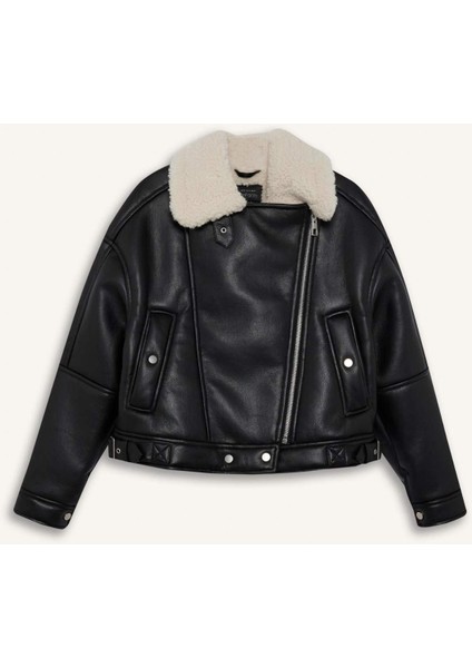 Oversize Geniş Kalıp Suni Kürk Astarlı Fermuarlı Suni Deri Ceket Mont F1826AX25WN