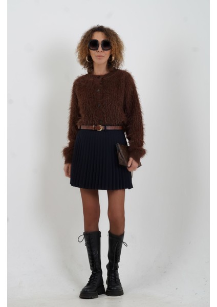 Lacivert Kemerli Içi Şort Astarlı Piliseli Mini Etek