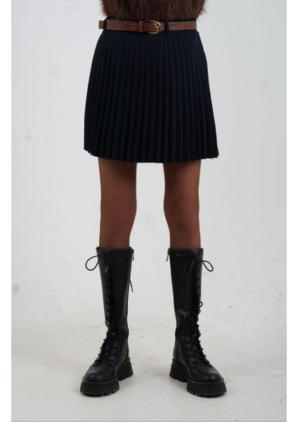 Lacivert Kemerli Içi Şort Astarlı Piliseli Mini Etek modelleri