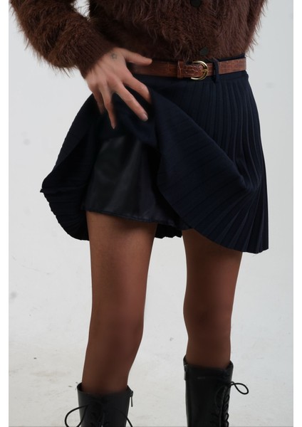 Lacivert Kemerli Içi Şort Astarlı Piliseli Mini Etek fırsatları