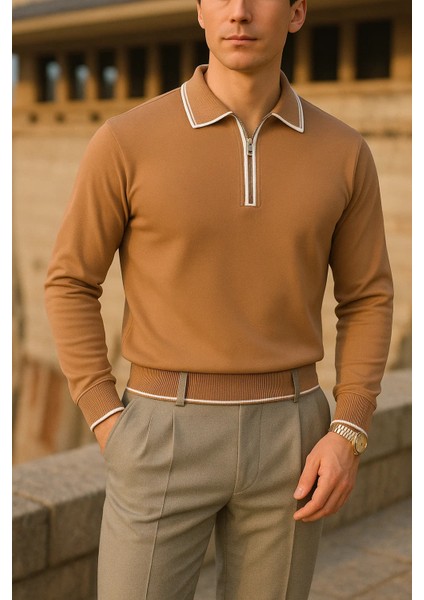 Erkek Çizgili Trend Uzun Kollu Kahve Polo Yaka Kazak
