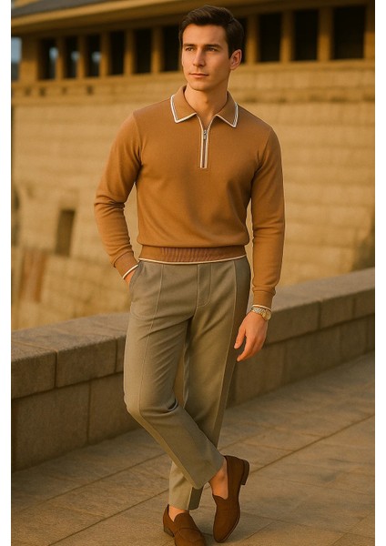 Erkek Çizgili Trend Uzun Kollu Kahve Polo Yaka Kazak modelleri