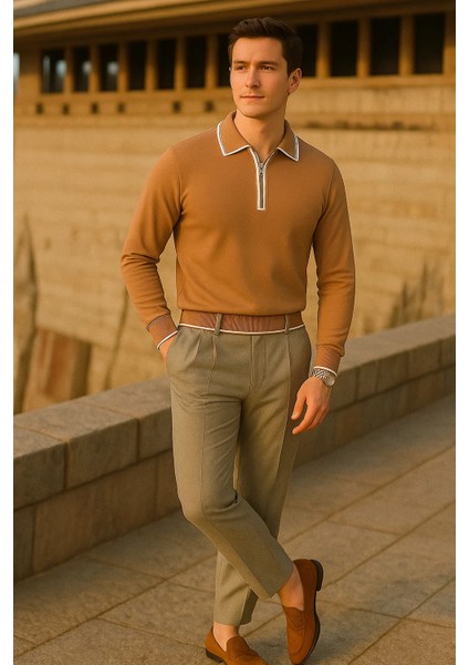 Erkek Çizgili Trend Uzun Kollu Kahve Polo Yaka Kazak fırsatları