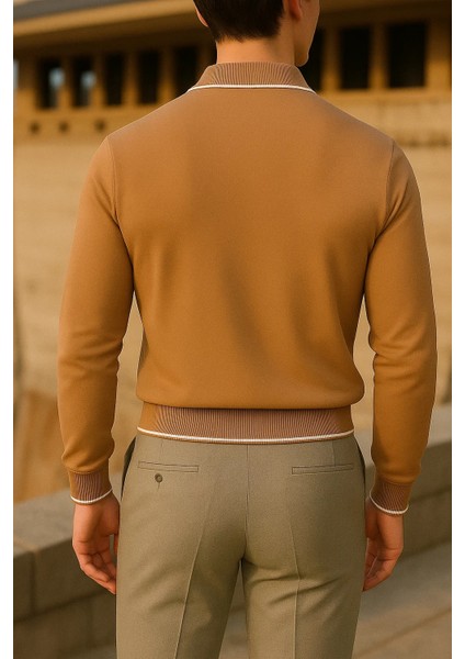 Erkek Çizgili Trend Uzun Kollu Kahve Polo Yaka Kazak