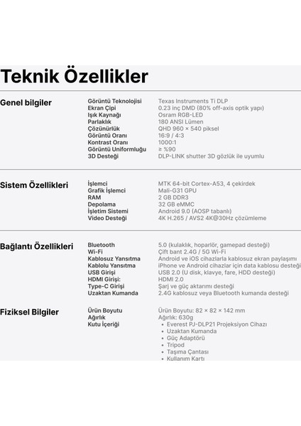 PJ-DLP21 Gri 8000MAH Oto Odaklamalı 960*540 4K Destekli 5400 Lümen Android 9.0 Dlp Projeksiyon